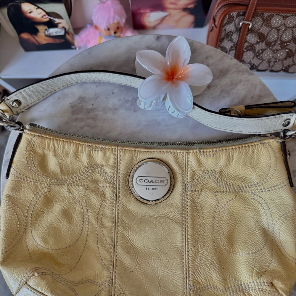 Coach Soft Yellow Leather Shoulder Bag with White Strap